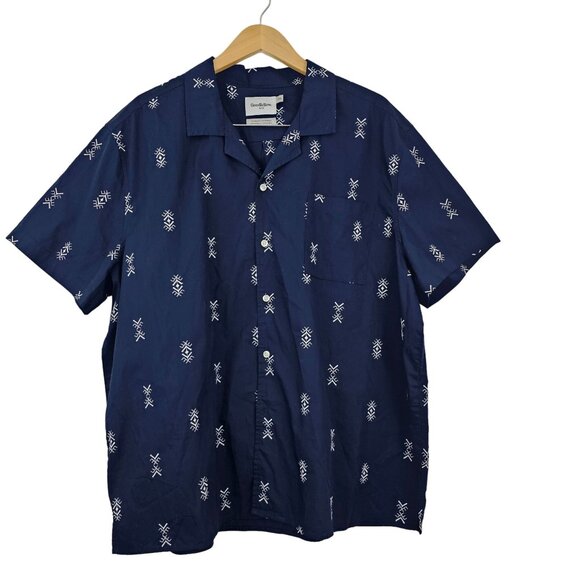 Goodfellow Mens Sz XXL Navy Blue Embroidery Short Sleeve Button-Down Camp Shirt - Picture 1 of 9